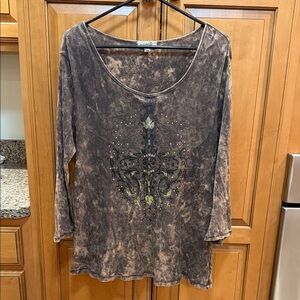 ONE WORLD Distressed Brown Long Sleeve Top